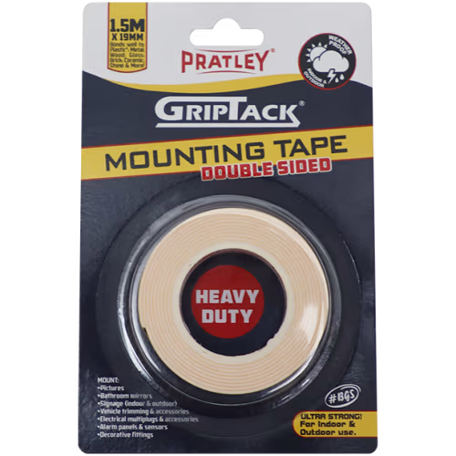 TAPE D/SIDED FOAM 19MM X 1.5M PRATLEY - GRIPTACK (120KG) - 1.5M ROLL (CARDED)