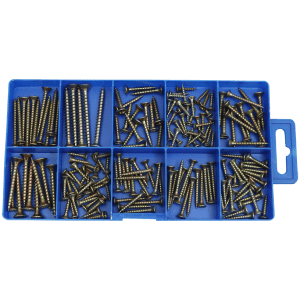 Box ASSORT CHIPBOARD SCREWS 175PC - POPULAR SIZES - YELLOW PASSIVATED