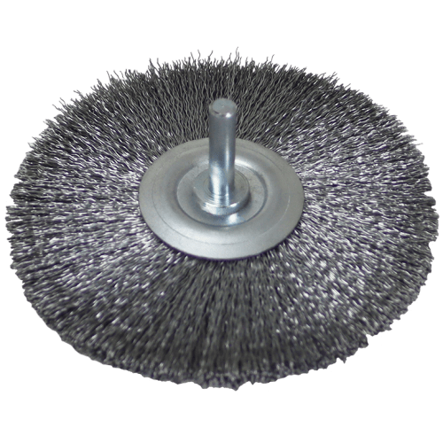 WIRE WHEEL 100 X 12MM MOUNTED WERN - 6MM SHANK - 0.3MM WIRE
