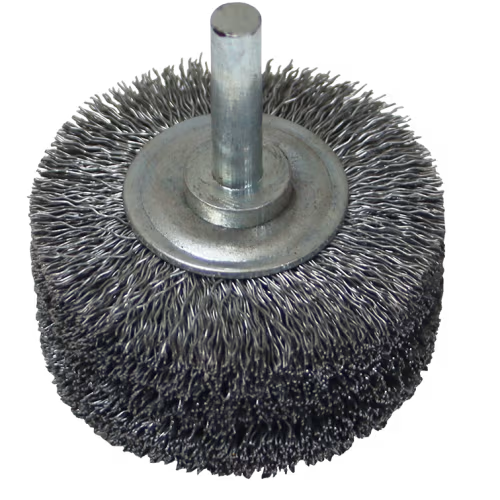 WIRE WHEEL 50 X 25MM MOUNTED WERN - 6MM SHANK - 0.3MM WIRE
